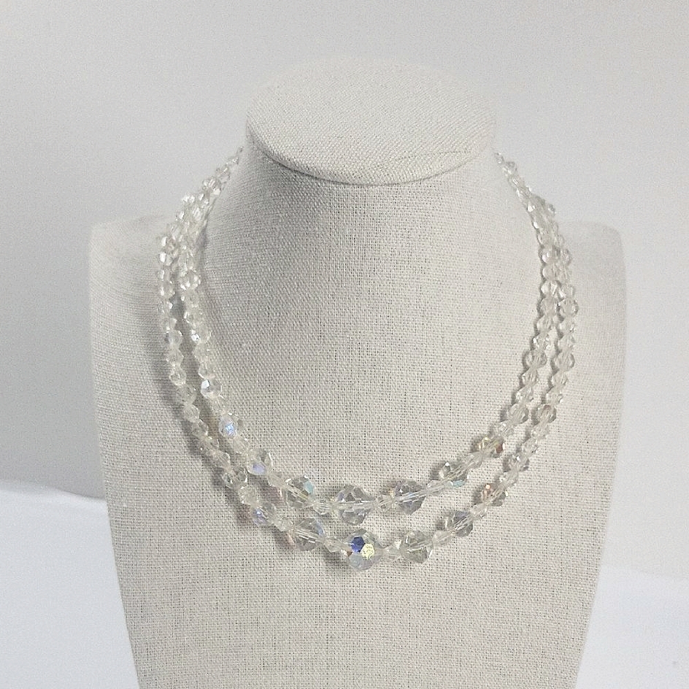 Vintage 1950s Double Strand Faceted Glass Bead Necklace Aurora Borealis